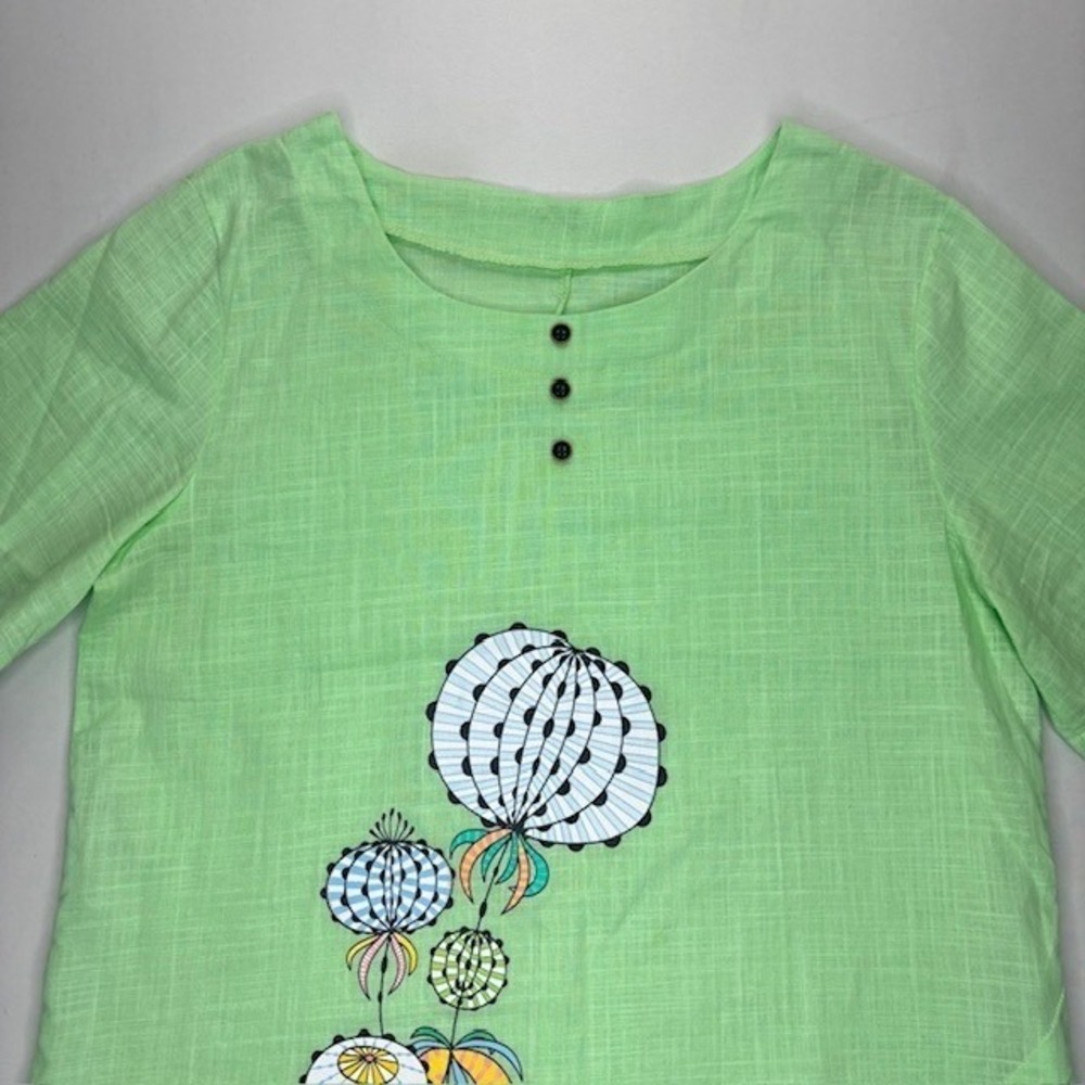 Women's 100% Cotton Lime Green Textured Blouse Floral Art Print Short Sleeve Top - Picture 5 of 12